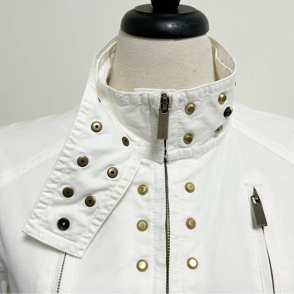 Michael Kors MK White Gold Tone Studded Zip Up Elastic Waistband Jacket Medium - Picture 4 of 12